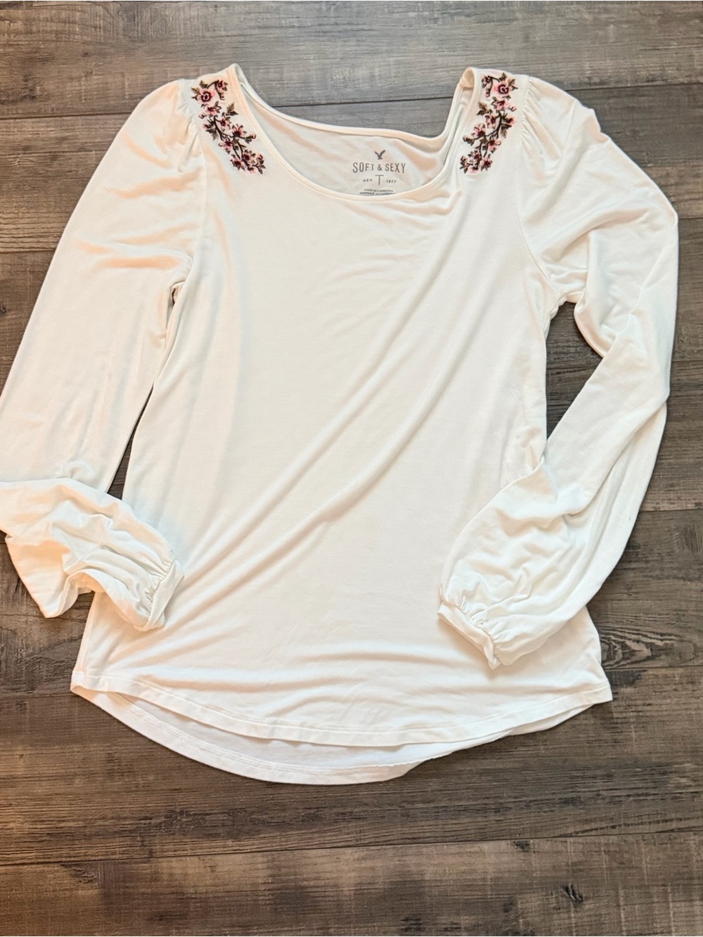 American Eagle Outfitters Cream Long-Sleeve Tee with Pink Floral Embroidery